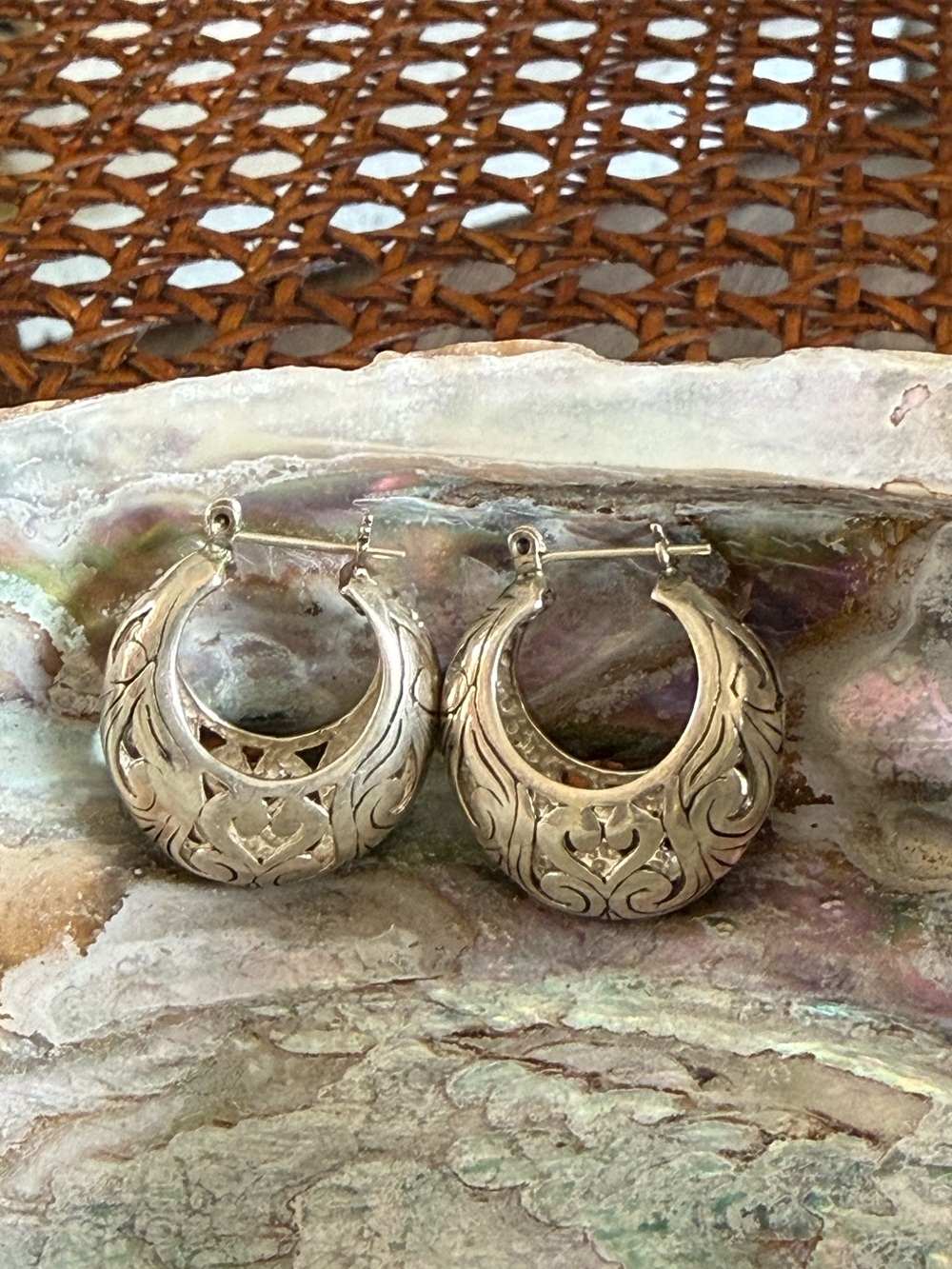 Sterling Silver Engraved Sterling Silver Open Work Hoop Earrings Floral Design